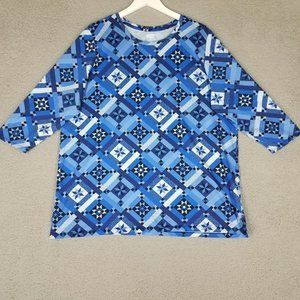 Lands' End Women's 1X Shirt Tunic Stars Snowflakes 3/4 Sleeves Casual Blue